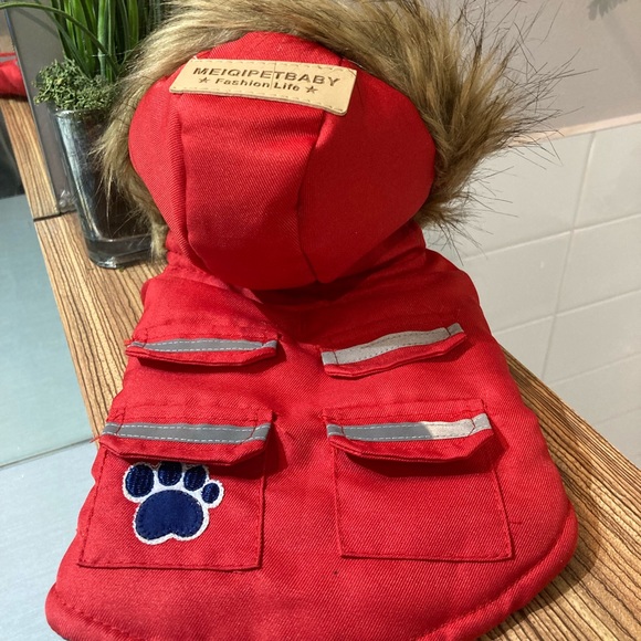Other - 🐶2/$25 Winter Dog coat with faux fur hat and reflective stripes red - Small